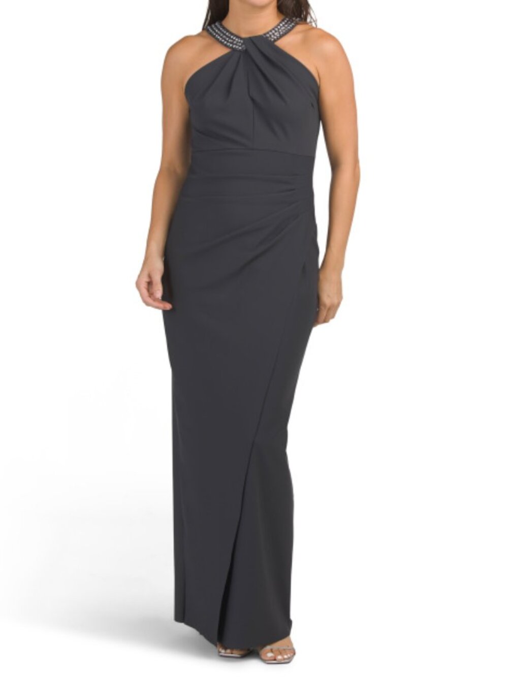ALEX EVENINGS Long Halter Neck Contour Ruched Dress